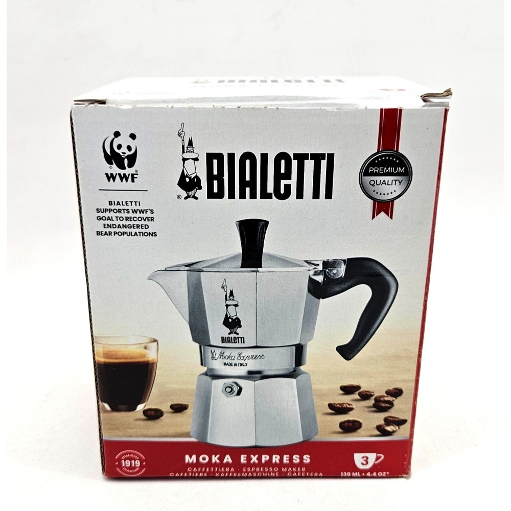 Bialetti Moka Express Stovetop Espresso Maker 3 Cup Silver Aluminum Italy